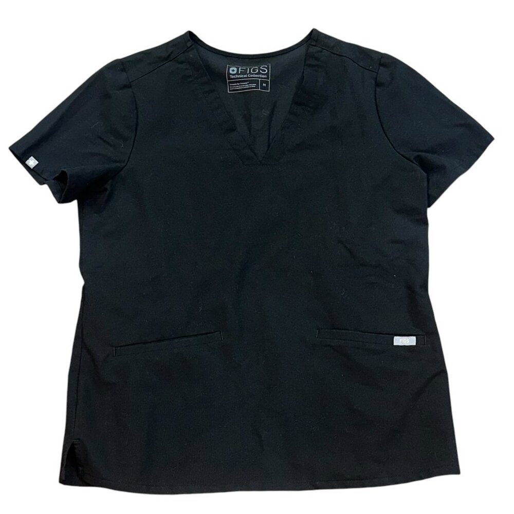 Women's FIGS Casma 3 Pocket‎ Black Scrub Top Medium Medical Healthcare Hospital